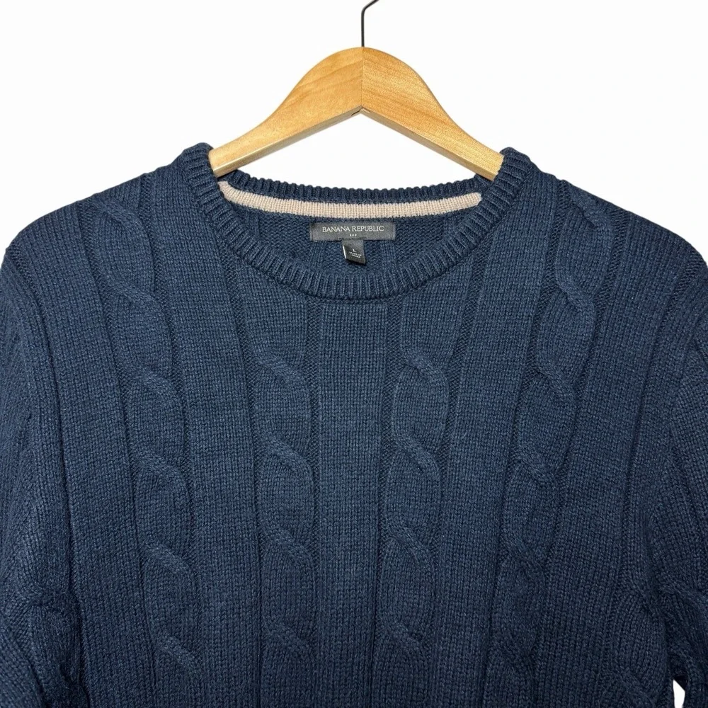 Banana Republic Mens Fisherman Cable Knit Sweater Large Navy Crewneck Preppy Ivy
